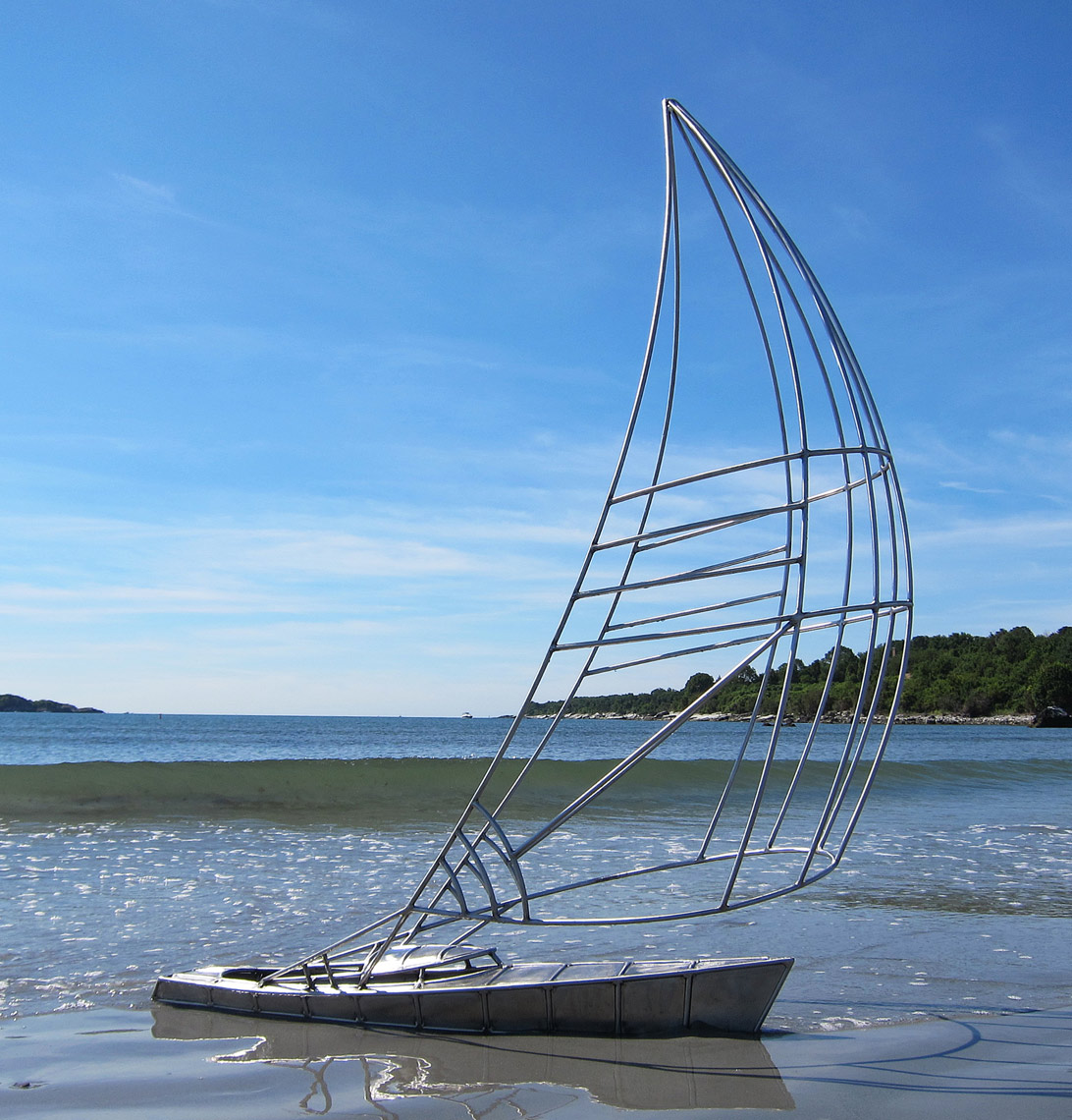 Sail Vessel II sail boat sculpture in stainless steel by Peter Diepenbrock Dallas Texas residence